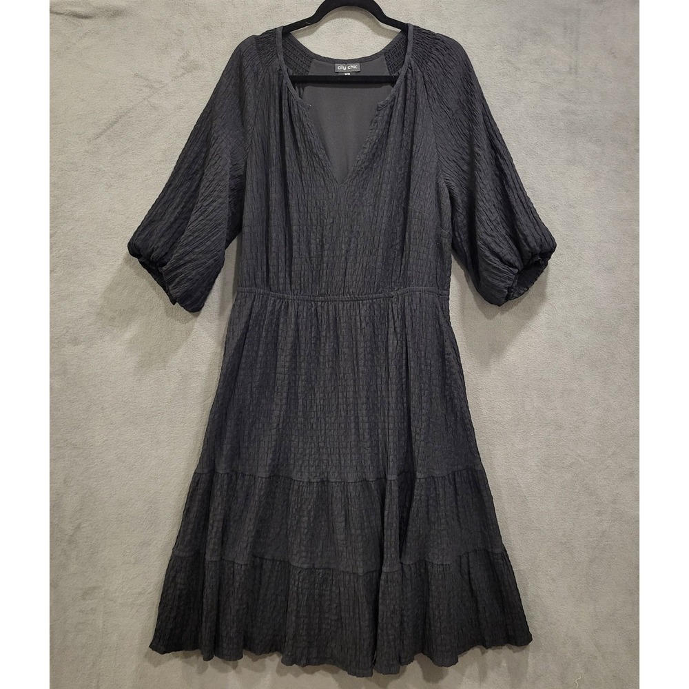 City Chic Tiered Midi Dress Women's Size 18 Puff Sleeve Black Boho Flowy Classic